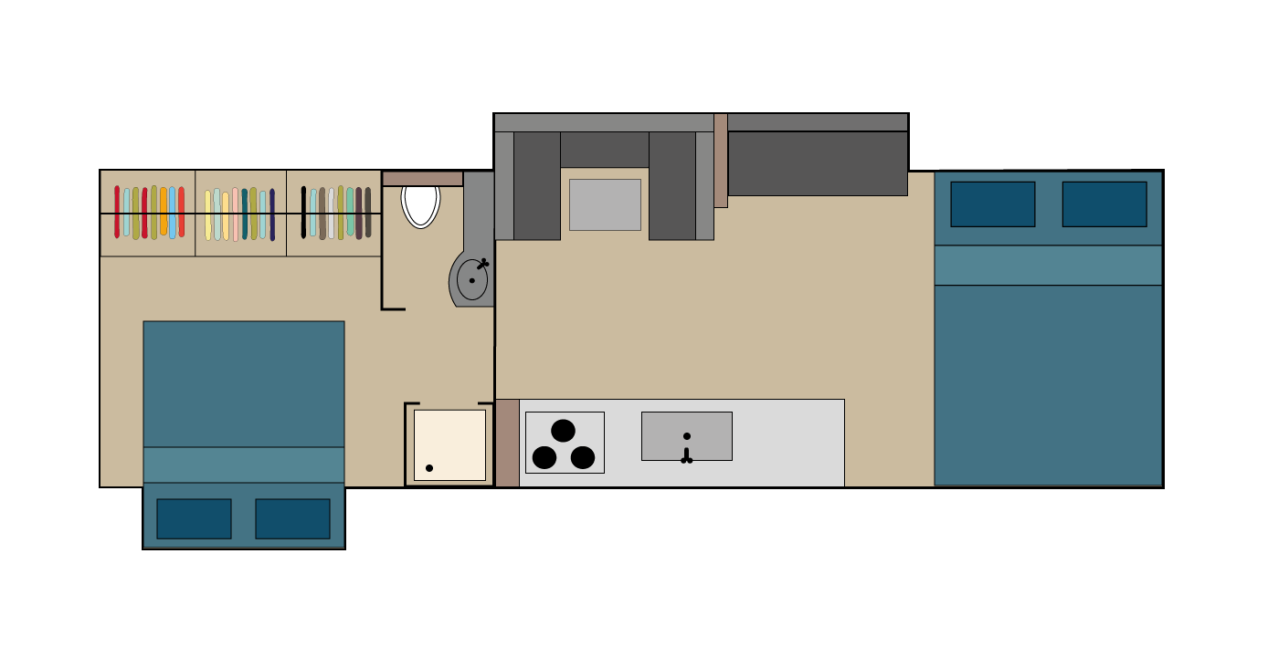 Grundriss des von uns gemieteten Wohnmobils mit ausgefahrenen Slide-Outs für die Nacht und auf dem Campingplatz.